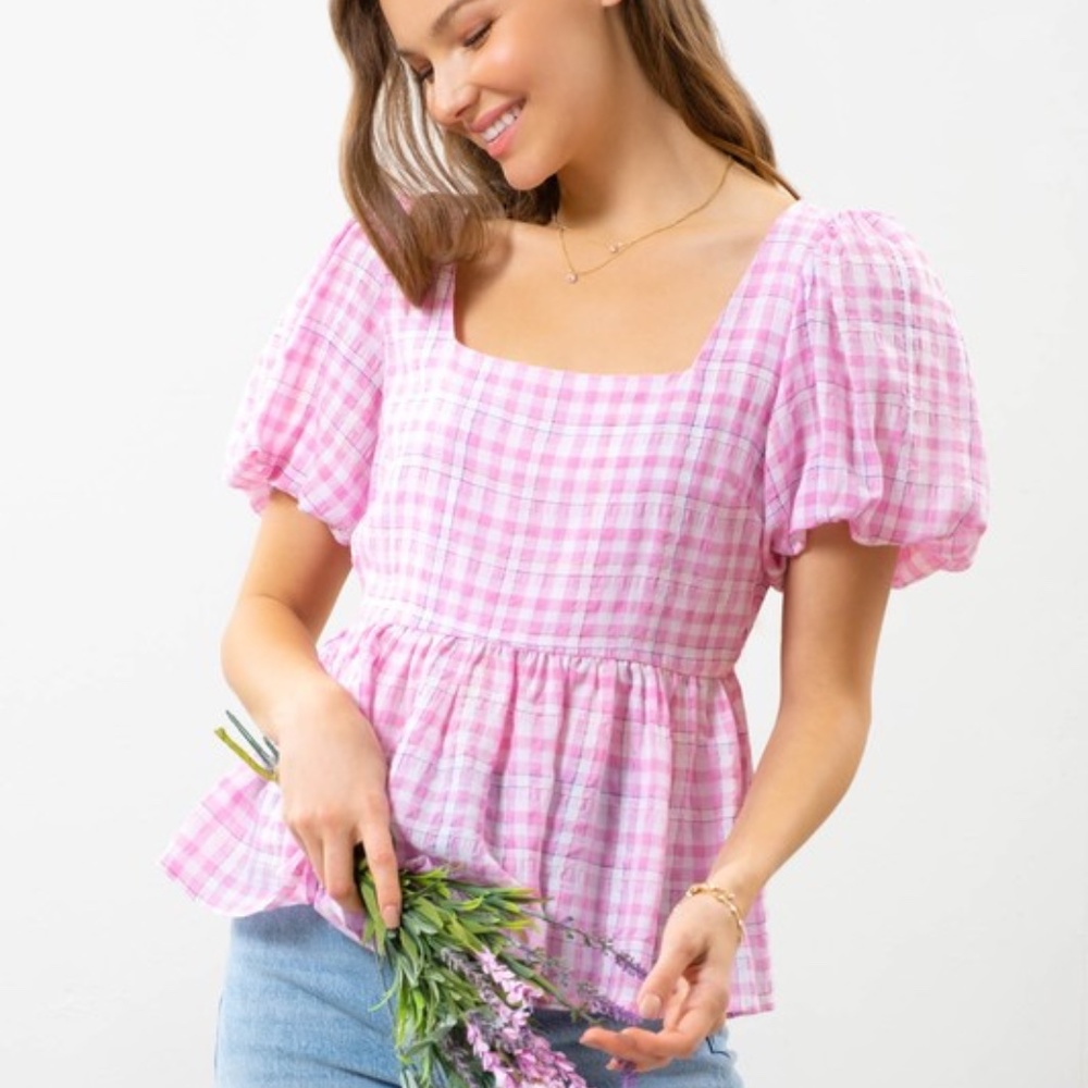 Pink Puff Sleeve Gingham Top Sizes S - 3XL